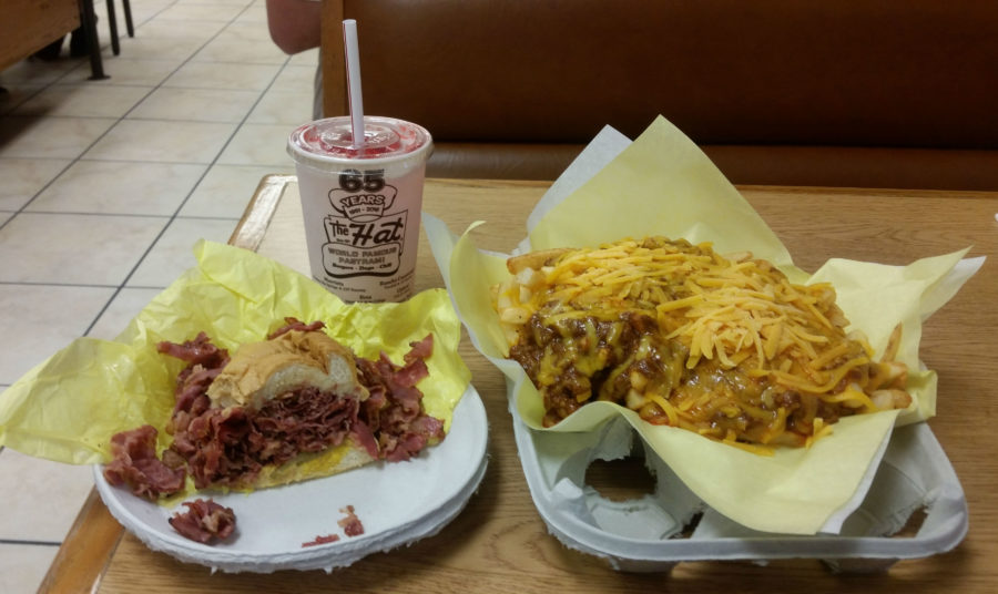 World+famous+pastrami+sandwich+and+chili+cheese+fries+from+the+Hat.