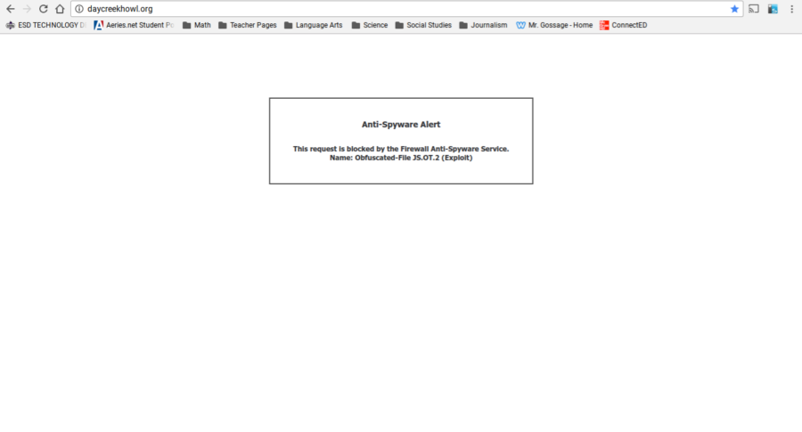 The Day Creek Howl, school news site of Day Creek Intermediate School, crashes as a result of an Anti-Spyware Alert.
