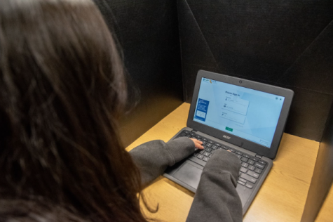 During standardized testing, students put up dividers and log onto a secure test browser.