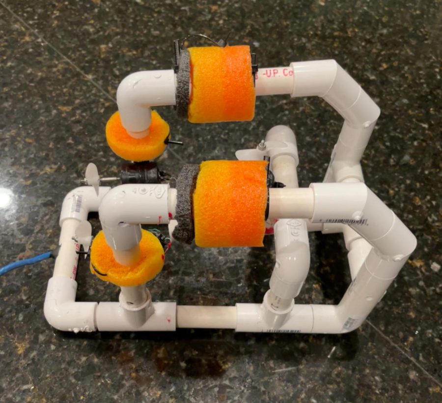 A photo of the aquatic robot Luke L. created for his SeaPerch competition.