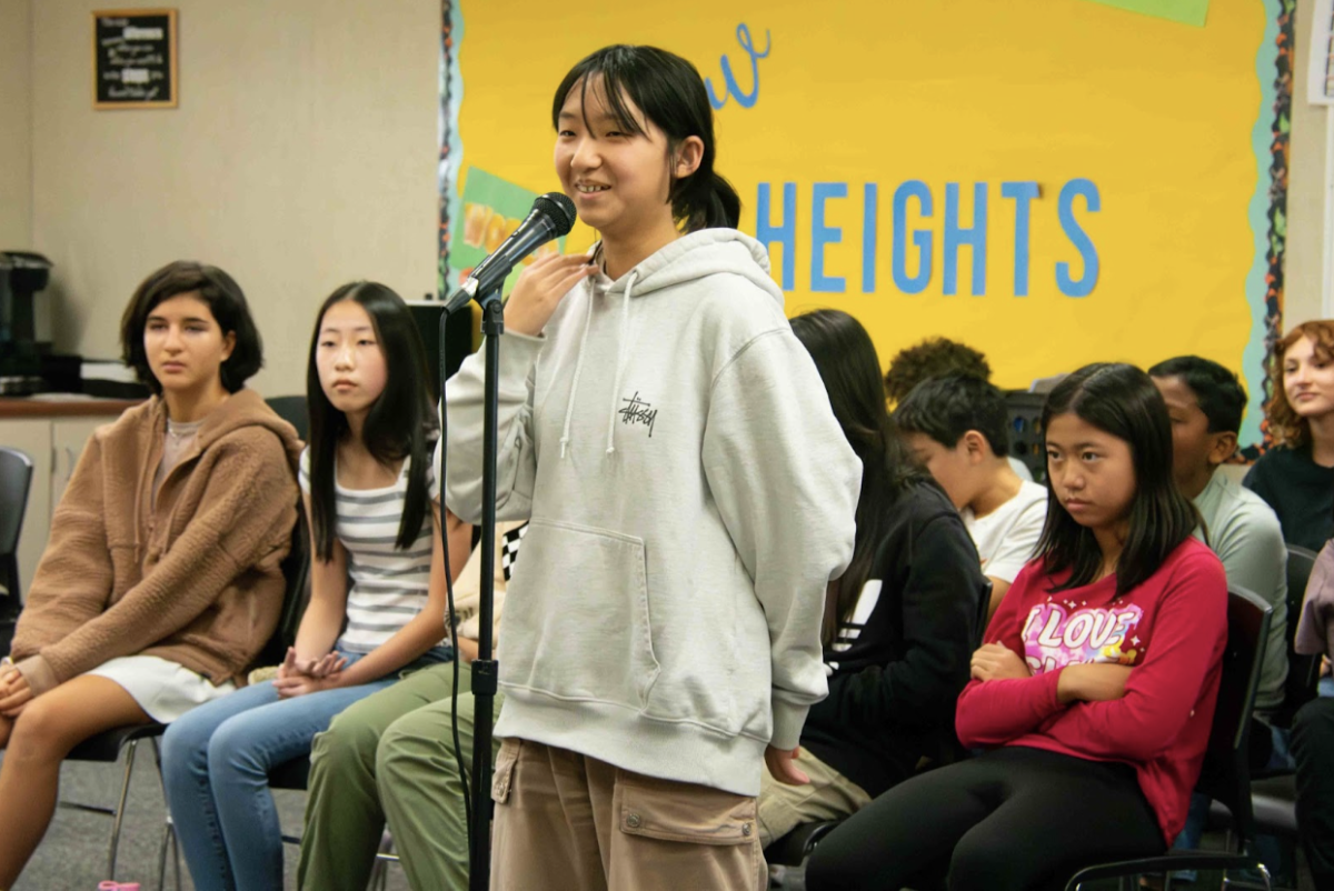 A Day Creek Coyote participating in the Spelling Bee. 