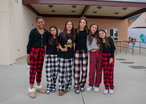 A group of 7th grade Coyotes participating in the first pajama day at Day Creek Intermediate. 
