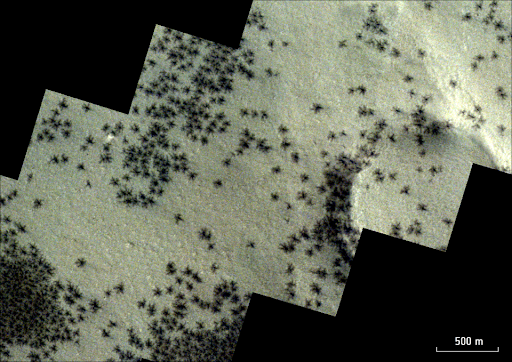 The dark spots appear to be spiders according to the European Space Agency, but are actually something else.

Credits to the European Space Agency 