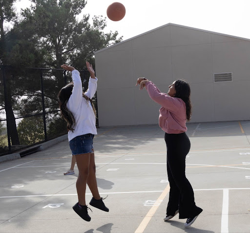 Two Day Creek Coyotes playing basketball on campus.