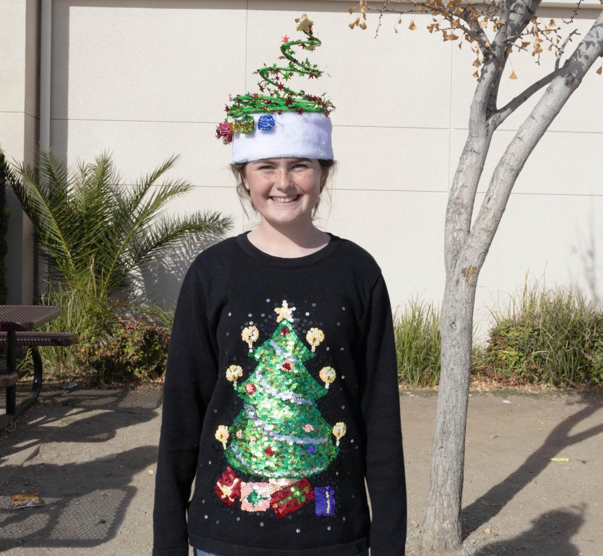 Rebecca M. shows off her hilarious Christmas slinky hat.