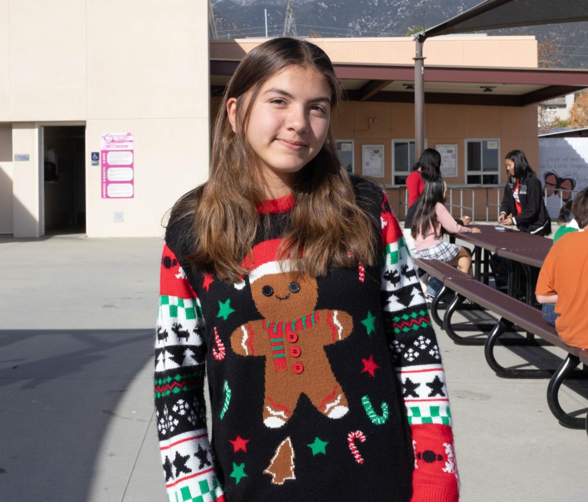 Seventh grader Ulisa G. wears her festive sweater.