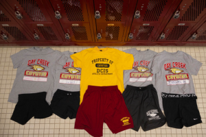 The bright and colorful loaners stand out against the traditional grey and black PE uniform.
